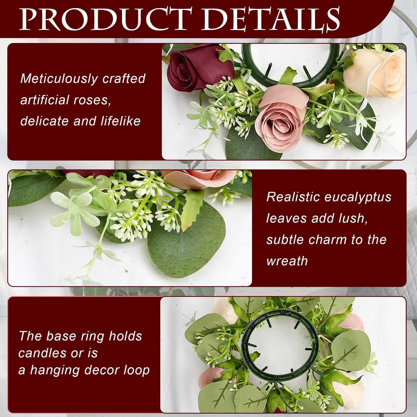 Tobilu 6 Sets Rose Candle Rings Wreaths - Artificial Flowers Rings with Green Leaves LED Flameless Candles for Centerpiece Wedding Home Banquet Party Decor, Burgundy Pink Champagne