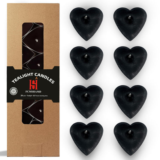 Tea Lights Black Heart Tea Candles Set of 24 – Tealight Candles with Sandalwood Scent, Long Burning Handmade Tealights for Wedding Meditation Home Decor Gift