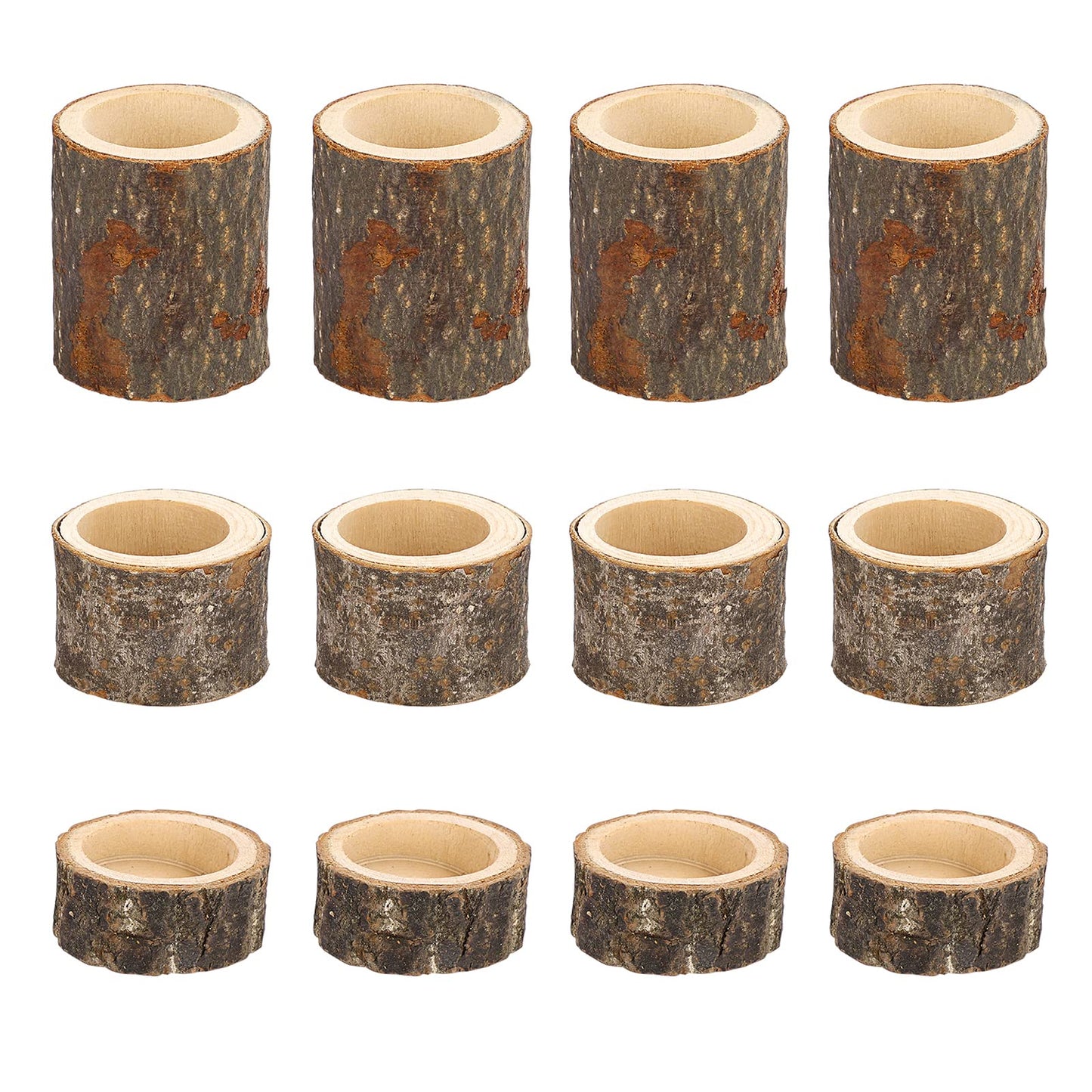 OwnMy Set of 12 Wooden Tea Light Candle Holders Votive Candle Holders, Rustic Pillar Candle Stands Vintage Wood Tealight Holders Set for Wedding Party Dining Table Centerpieces, 1" + 1.6" + 2.7"