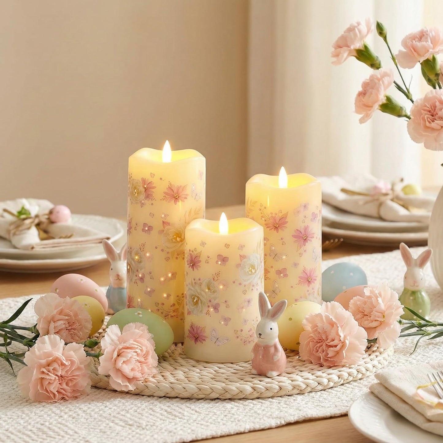 Eywamage Fiber Optic Flameless Pillar Candles with Remote, Floral Butterfly Spring LED Candles Flickering Home Decor Gift Set of 3