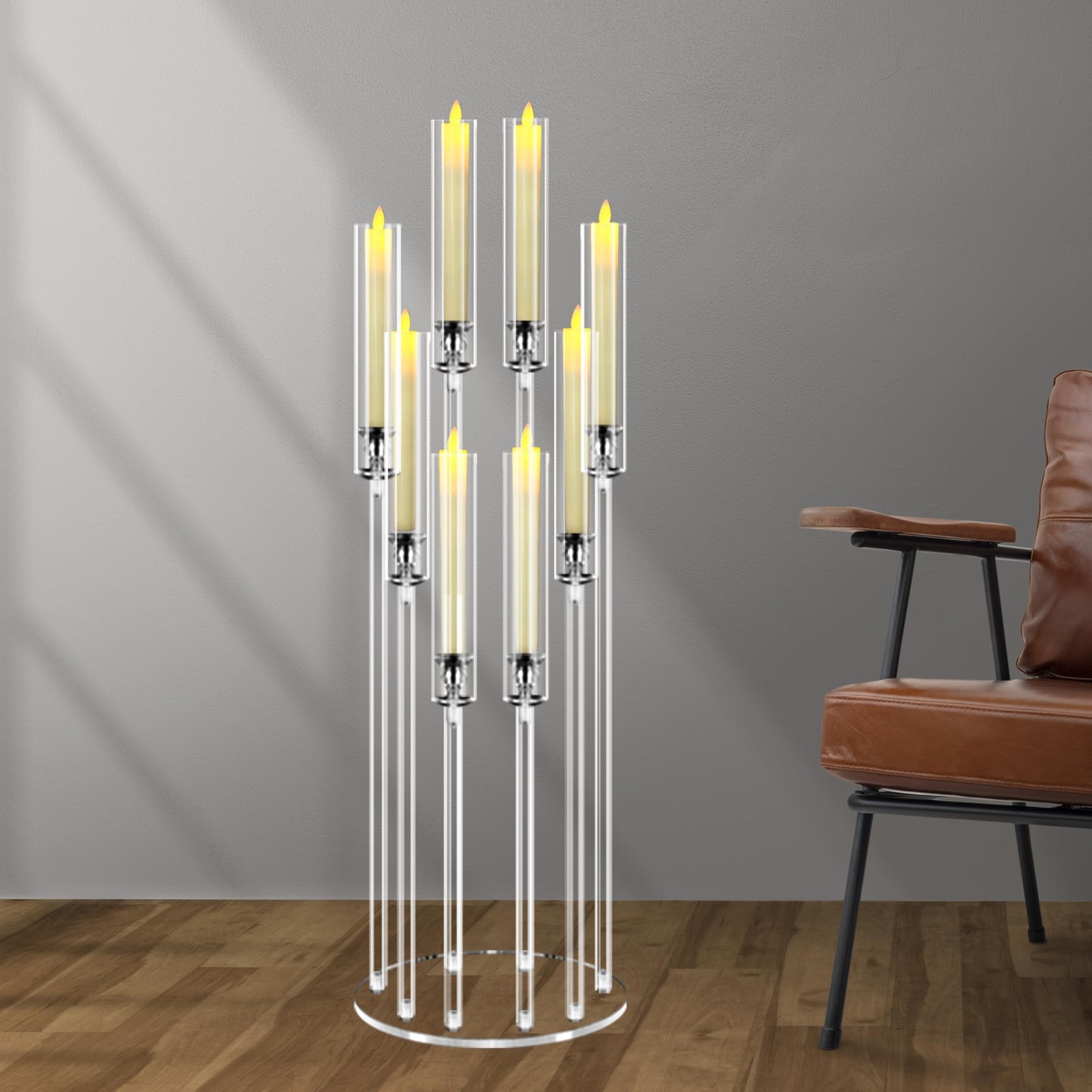 Cheloment 8 Arms Acrylic Candelabra Centerpieces for Tables, 38.5" Tall Clear Candle Holder for Wedding Dinner Party and Home Decor,Candlesticks Holder with LED Candles