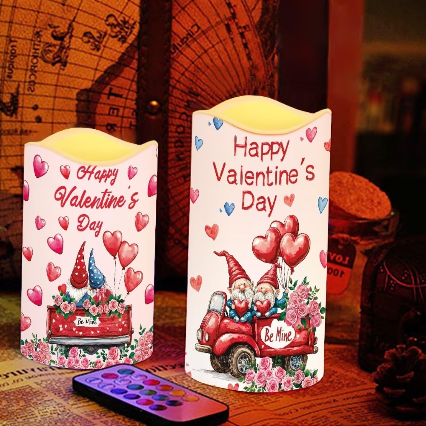 Uorisanigo Cute Gnome Rose Plastic Flameless Candles with Remote Control and Timer American Flag LED Flickering Battery Electric Pillar Candles for Home Valentine's Day Decoration