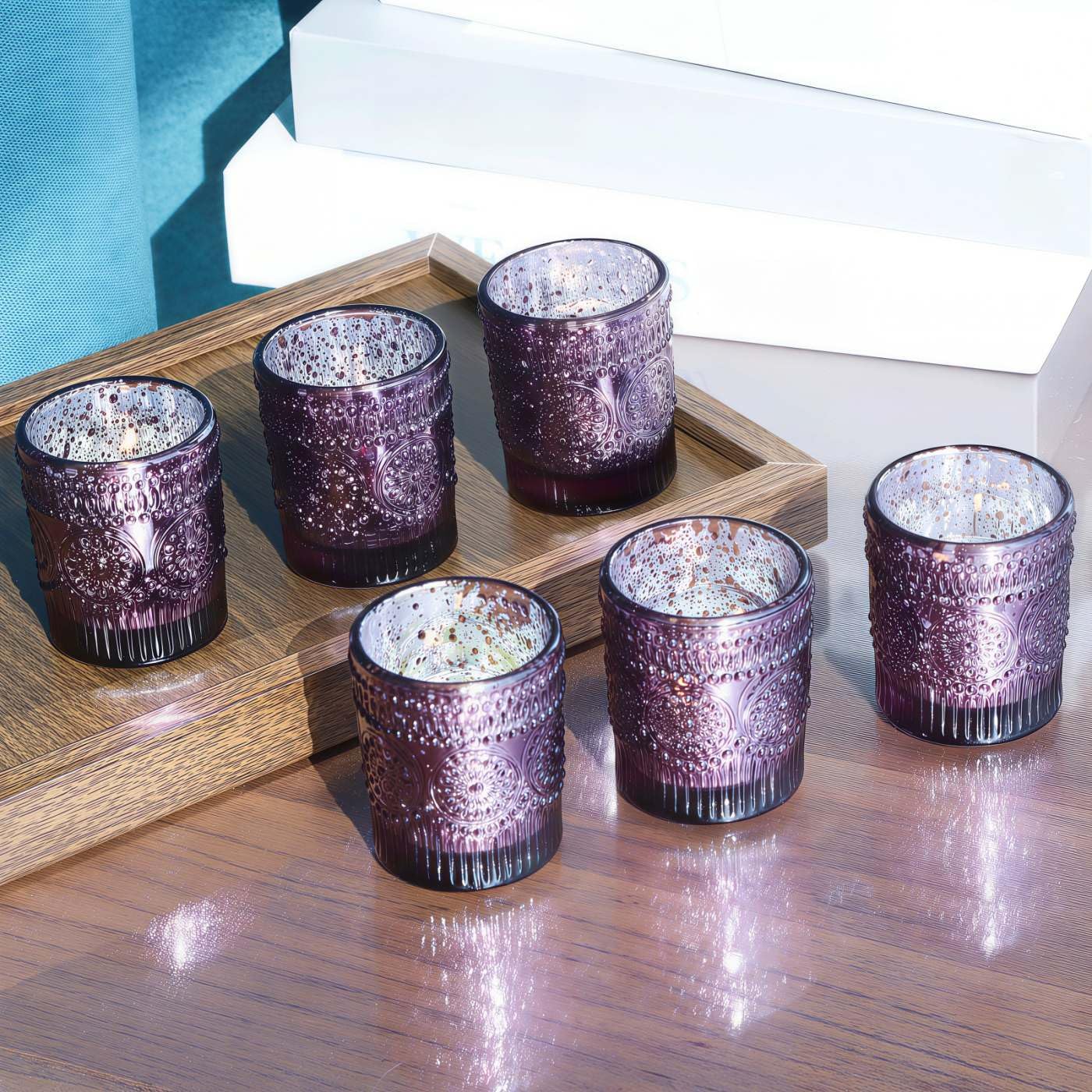 VOHO 12pcs Sunflower Purple Votive Candle Holders for Table Centerpiece, Mercury Tealight Candle Holder for Wedding Decor, Boho Tea Light Candle Holder Glass Gifts for Easter Halloween(2.1x2.6 In,W/H)