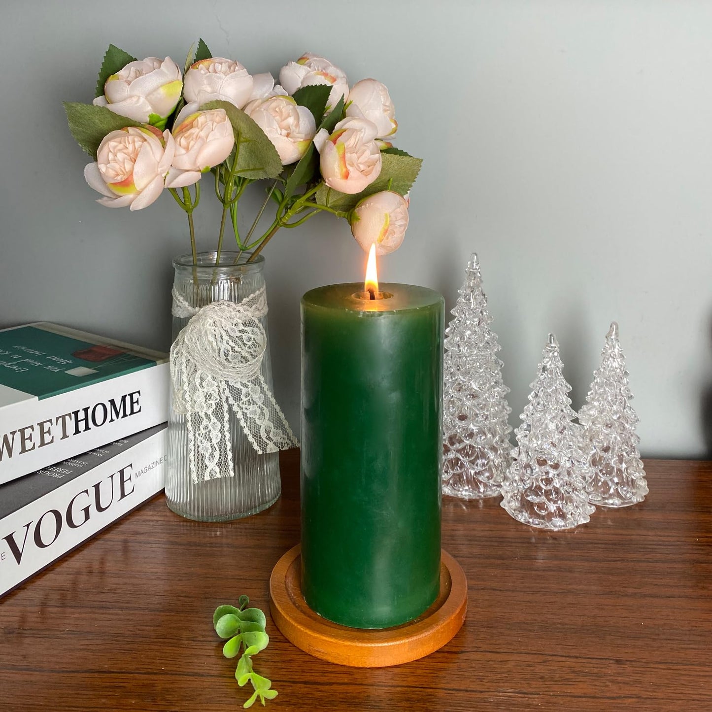 Weimingte Green Pillar Candles, Unscented Wax, 2.8x6 Inch, Smokeless Drip-Free, Set of 3, for Home Dining Room Christmas