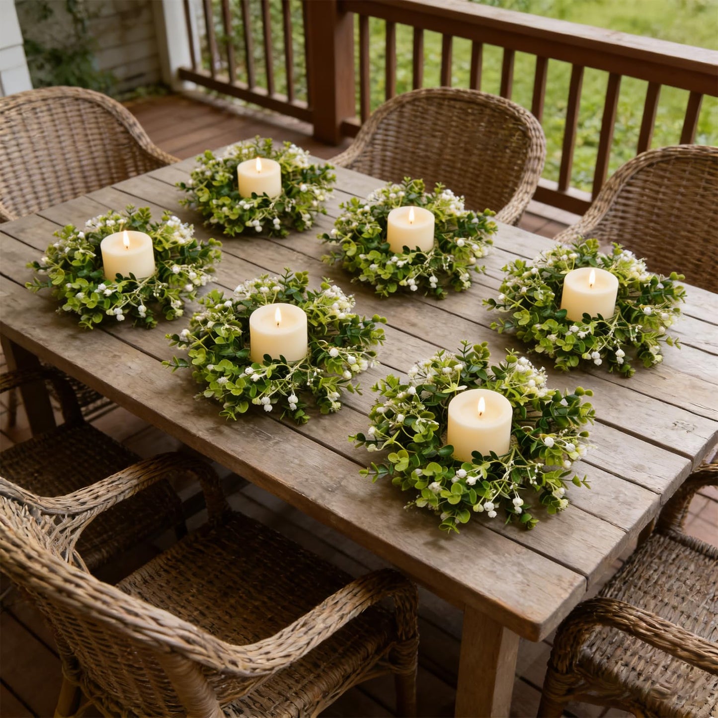 6 Pcs Small Spring Summer Candle Ring Wreaths with Artificial Eucalyptus Greenery White Buds Mini Pillar Candle Holder Wreath for Home Kitchen Cabinets Table Centerpieces Front Door Wedding Decor