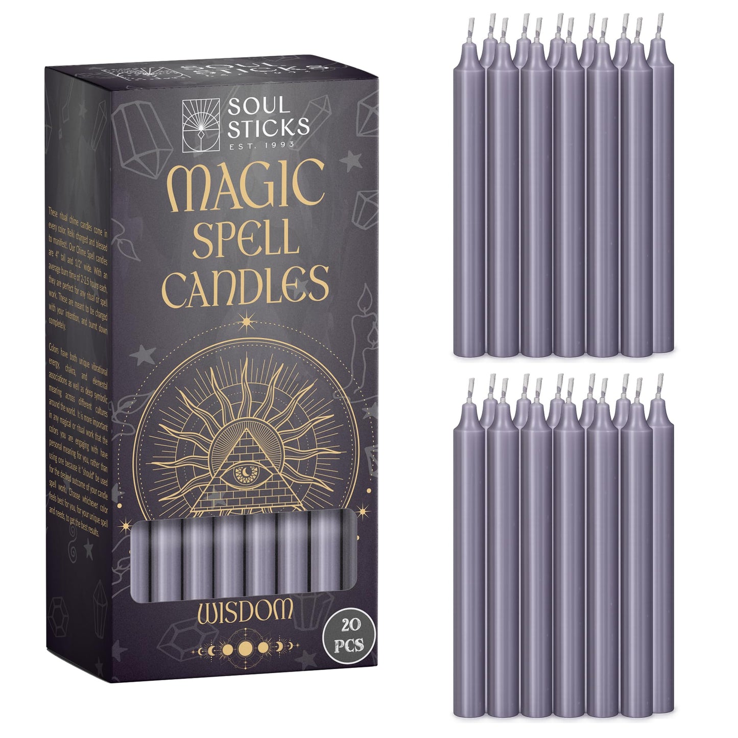 SOUL STICKS Wisdom Magic Spell Chime Taper Candles 20 Pack - Ideal for Altar, Rituals, Ceremonies, Meditation Grey Tapered Candle for Witchcraft Supplies, Wiccan Supplies, Candles Clearance
