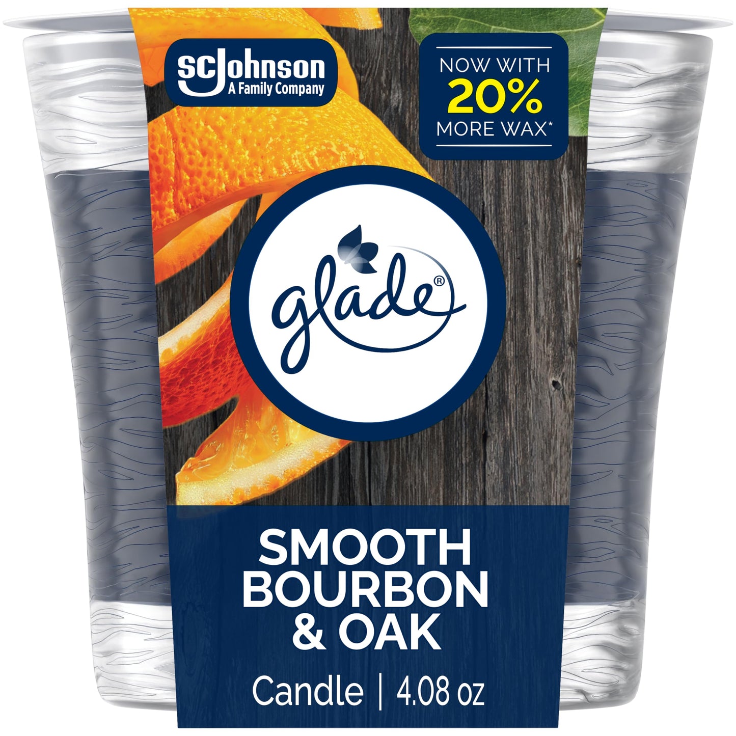 Glade 1-Wick Scented Candle Jar, Smooth Bourbon & Oak, Air Freshener Infused with Essential Oils, 4.08 Oz