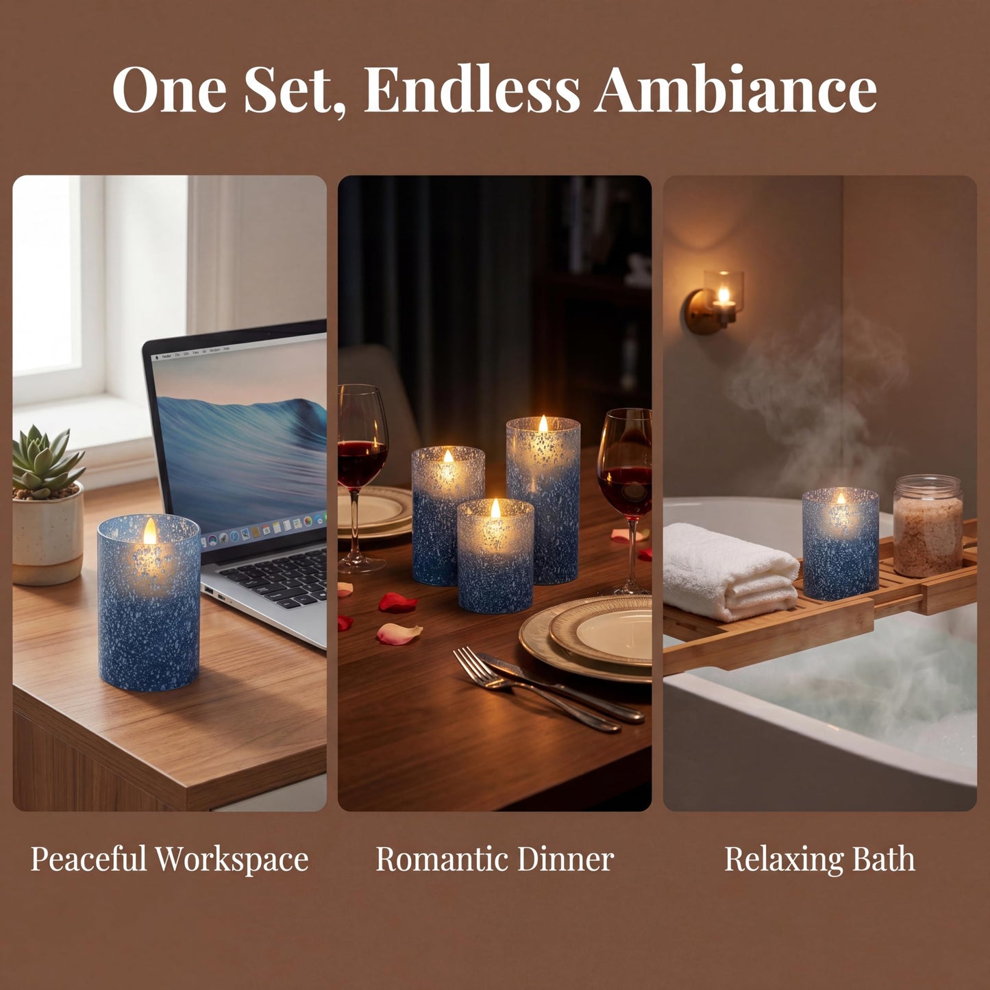 Blue Flameless Candles with Remote, Real Wax Glass Battery Operated Candles with Timer, LED Pillar Candle for Bedroom Home Wedding Birthday Party Fall Halloween Christmas Decorations, Set of 3