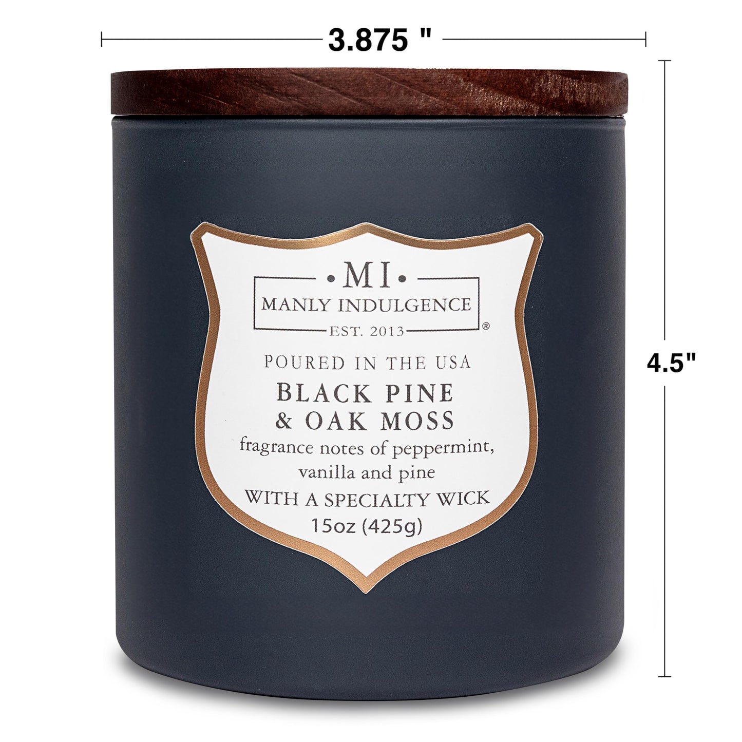 Manly Indulgence Black Pine Oakmoss Scented Candles for Men, 15 oz Wooden Wick, Premium Soy Blend Wax, 60H Burn, Candles for Home Scented - Made in The USA