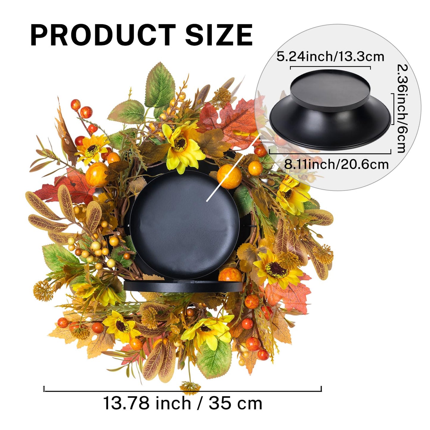 MOYEE Autumn Candle Holder Centerpieces for Tables,Candle Ring, Black Metal Candlestick with an Artificial Wreath 14 in Versatile Dining Table Centrepiece (Yellow Sunflower Wreath)