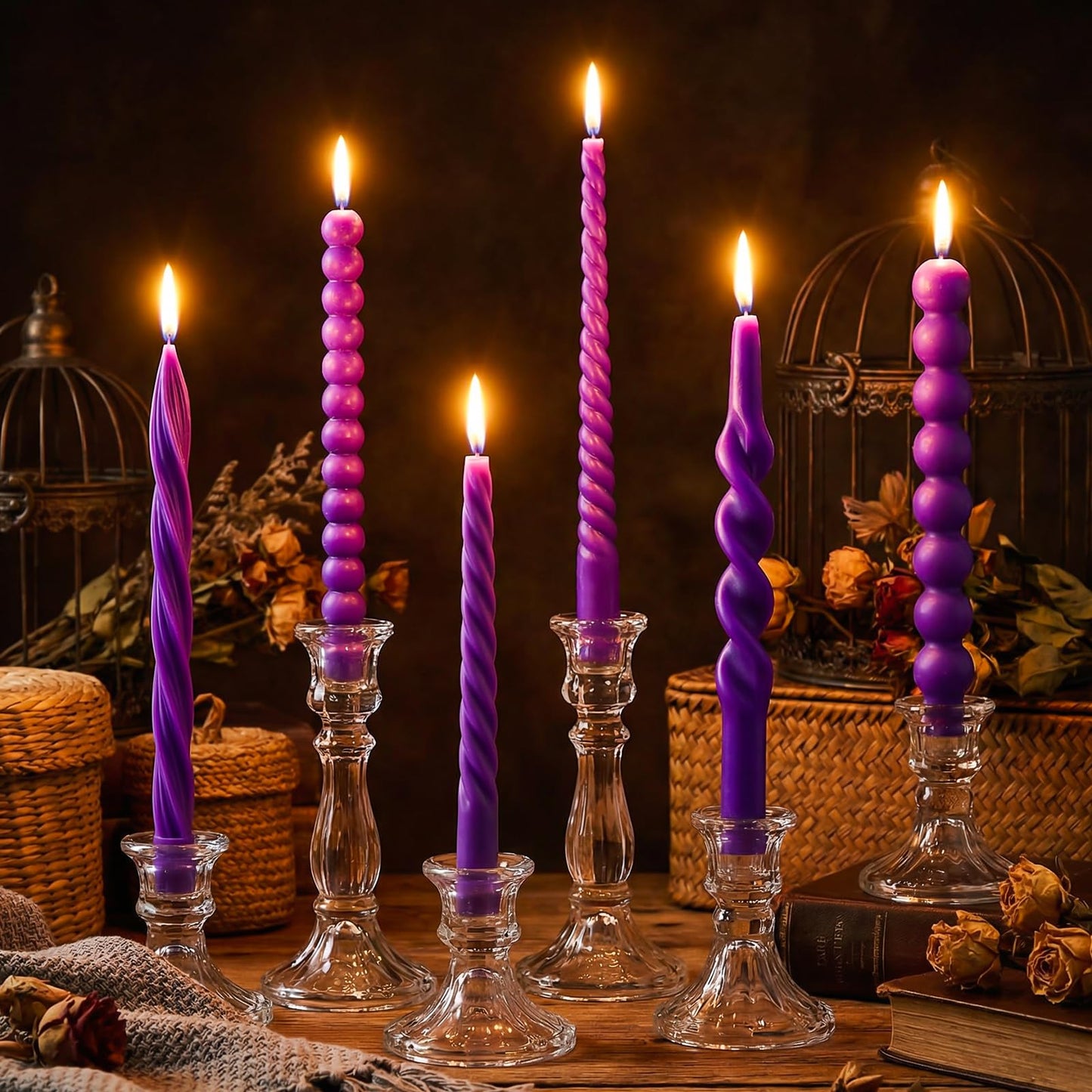 Conelist 10 Inch Purple Twisted Taper Candles Set of 6, Tall Smokeless Twisted Candlesticks for Wedding Holiday Birthday Home Party Decorations