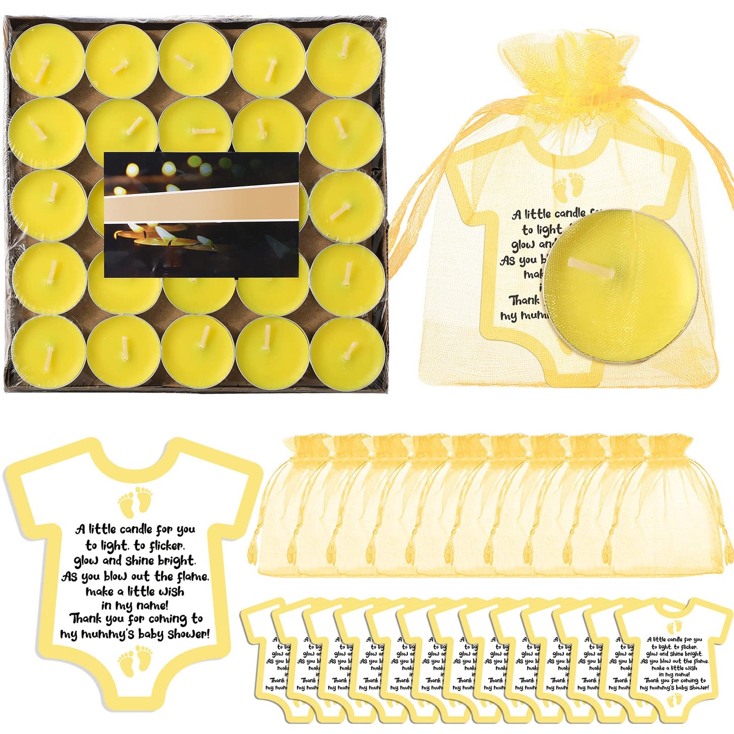Roowest 50 Set Baby Shower Party Candles Gift for Guests Cute Tea Lights Candle Decorations with Thank You Cards Organza Bags for Girl Boy Baby Shower Gender Reveal Favors(Yellow)