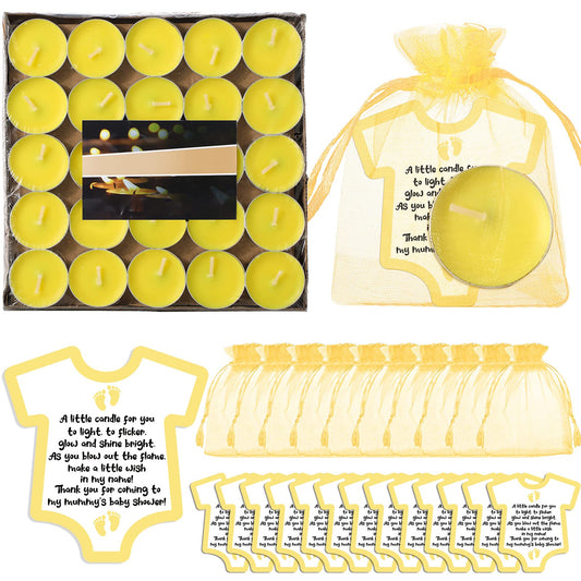 Roowest 50 Set Baby Shower Party Candles Gift for Guests Cute Tea Lights Candle Decorations with Thank You Cards Organza Bags for Girl Boy Baby Shower Gender Reveal Favors(Yellow)