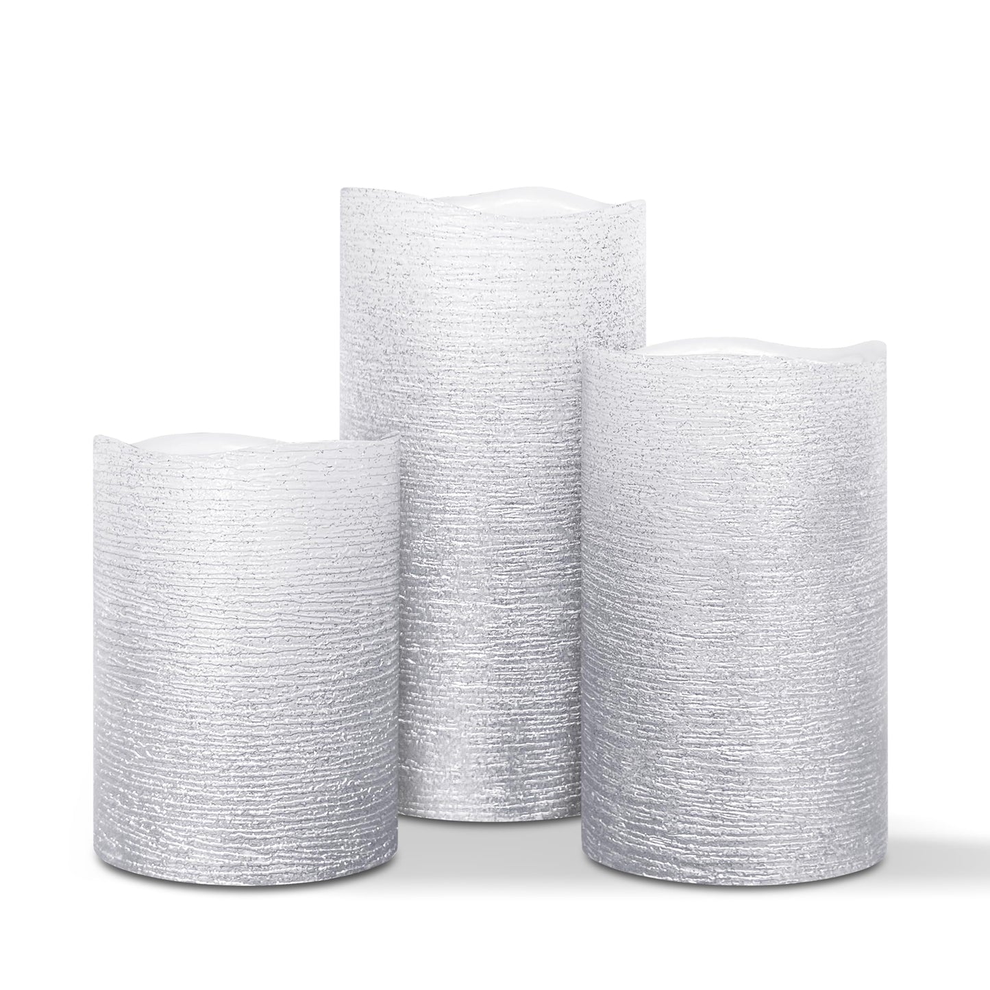 FURORA LIGHTING Silver Glitter Flameless Pillar Candles - Real Wax, 5/19 Auto Timer, Set of 3 (3x4, 3x5, 3x6), Batteries Included, Home Decor