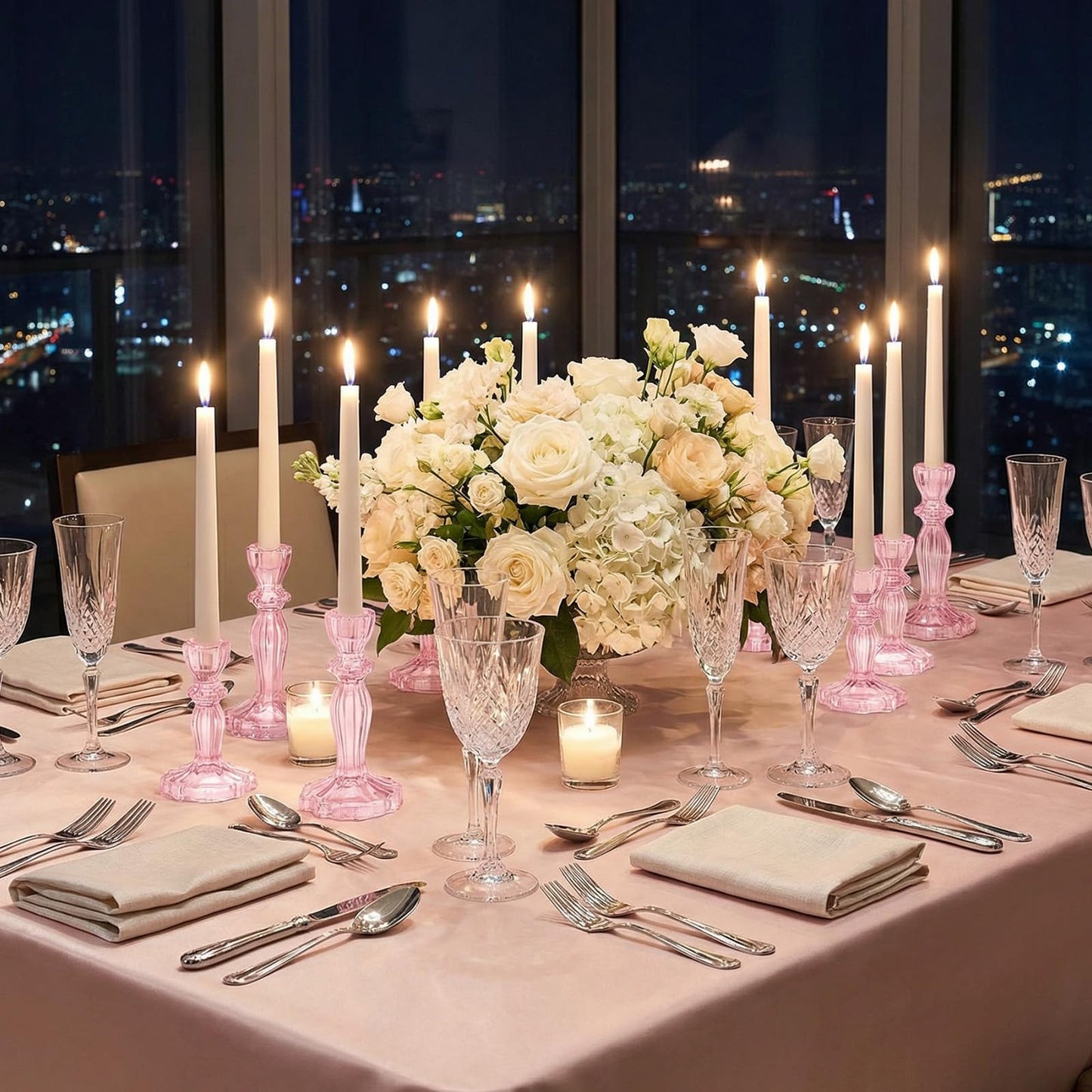 Ferrochef 12 Pack Glass Candlestick Holders Set 4.3/6.1'' Taper Stripe Candle Holder Bulk Floral Shape Crystal Decorative Candle Stand Centerpiece for Table Wedding Dining (Pink)