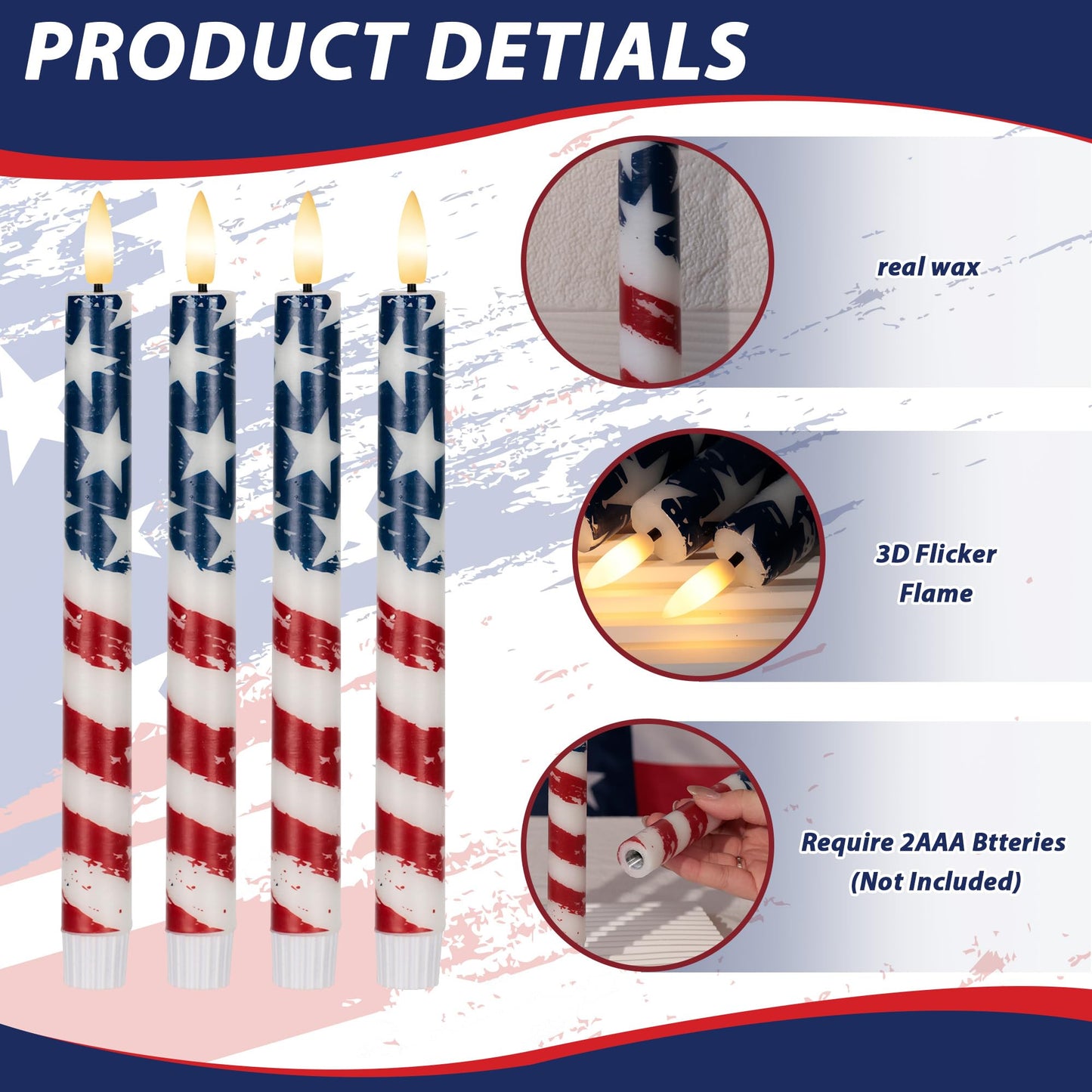 SEHNSY 4th of July Flameless Taper Candles with Remote and Timer, Real Wax Red White and Blue American Flag LED Candles, 250th Anniversary Patriotic Battery Operated Taper Candle Set