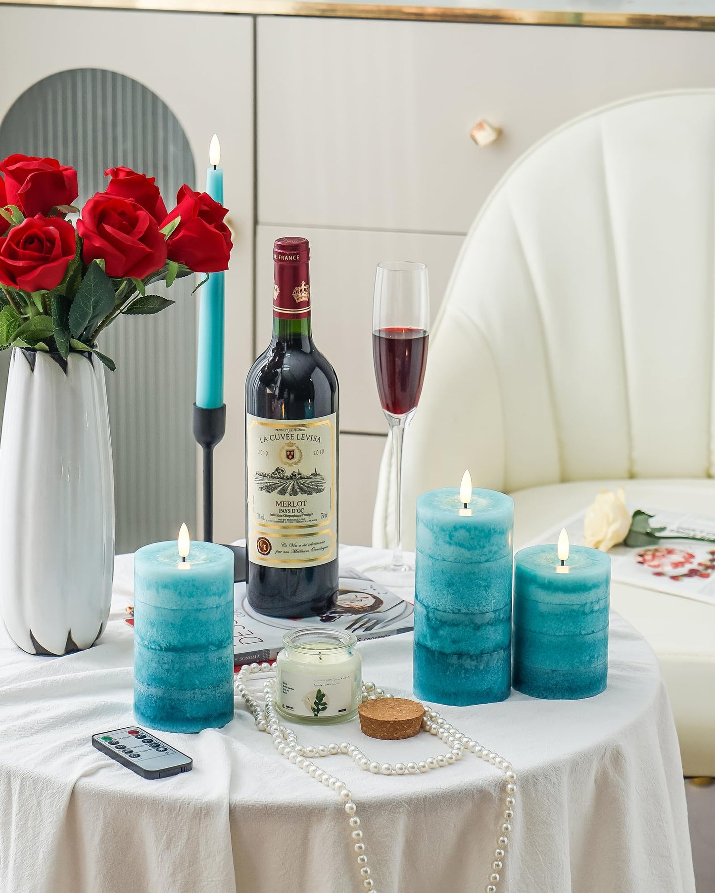 Stmarry Gradient Teal Flameless Candles with Remote and Timer, Real Wax Made LED Pillar Candles Battery Operated with 3D Flickering Flame - 3" x 4",5",6" - Set of 3 Turquoise Candles