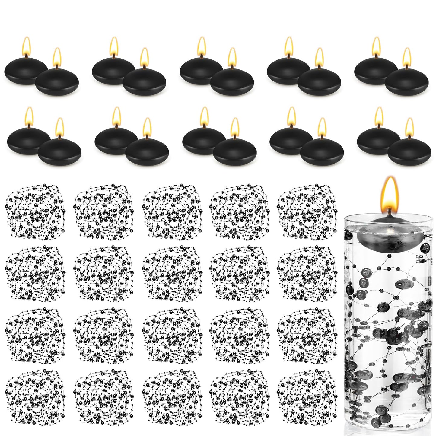 Fumete 40 Pcs Black Floating Candles with Pearl Strings, Small Unscented Floating Candles Centerpiece for Night Events, Gothic Party Table Decor, Wedding, Anniversary, Birthday, Modern Home Decor