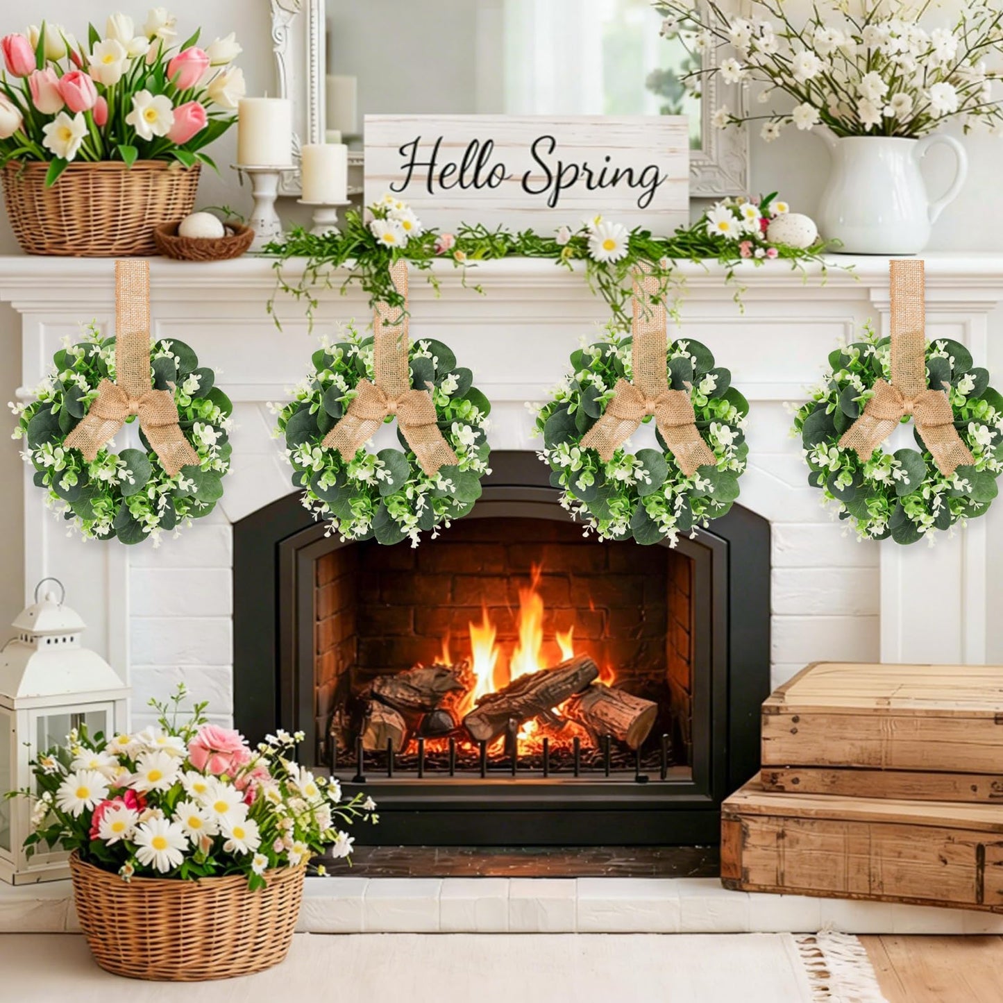 10PCS Eucalyptus Candle Rings Wreaths, Artificial Greenery Faux Kitchen Cabinet Wreath,Spring Wreath with Burlap Ribbon, Pillar Candle Holder Wreath for Porch Wall Window Farmhouse Wall Home Decor