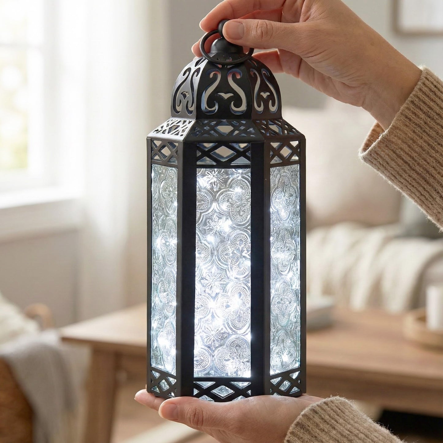 Vela Lanterns Decorative Indoor Moroccan Candle Holder & LED Fairy Lights -Twinkle Turkish Lamp, Fantasy Home Decor Table Centerpieces, Hanging Outdoor Patio Porch Wedding Ramadan (10.5", Clear)