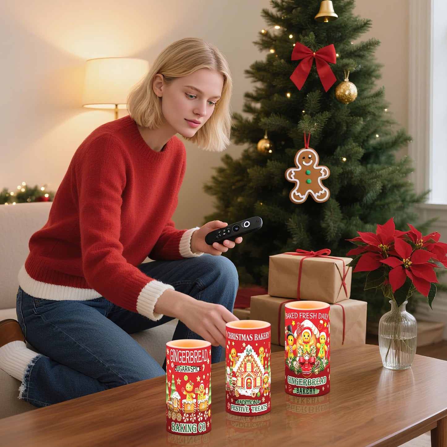 Retisee 3 Pcs Christmas Flameless Candles with Remote Timer Gingerbread Man Real Wax LED Flickering Pillar Candle White Cold Light Battery Operated for Home Window Xmas Gift Winter Holiday Decor