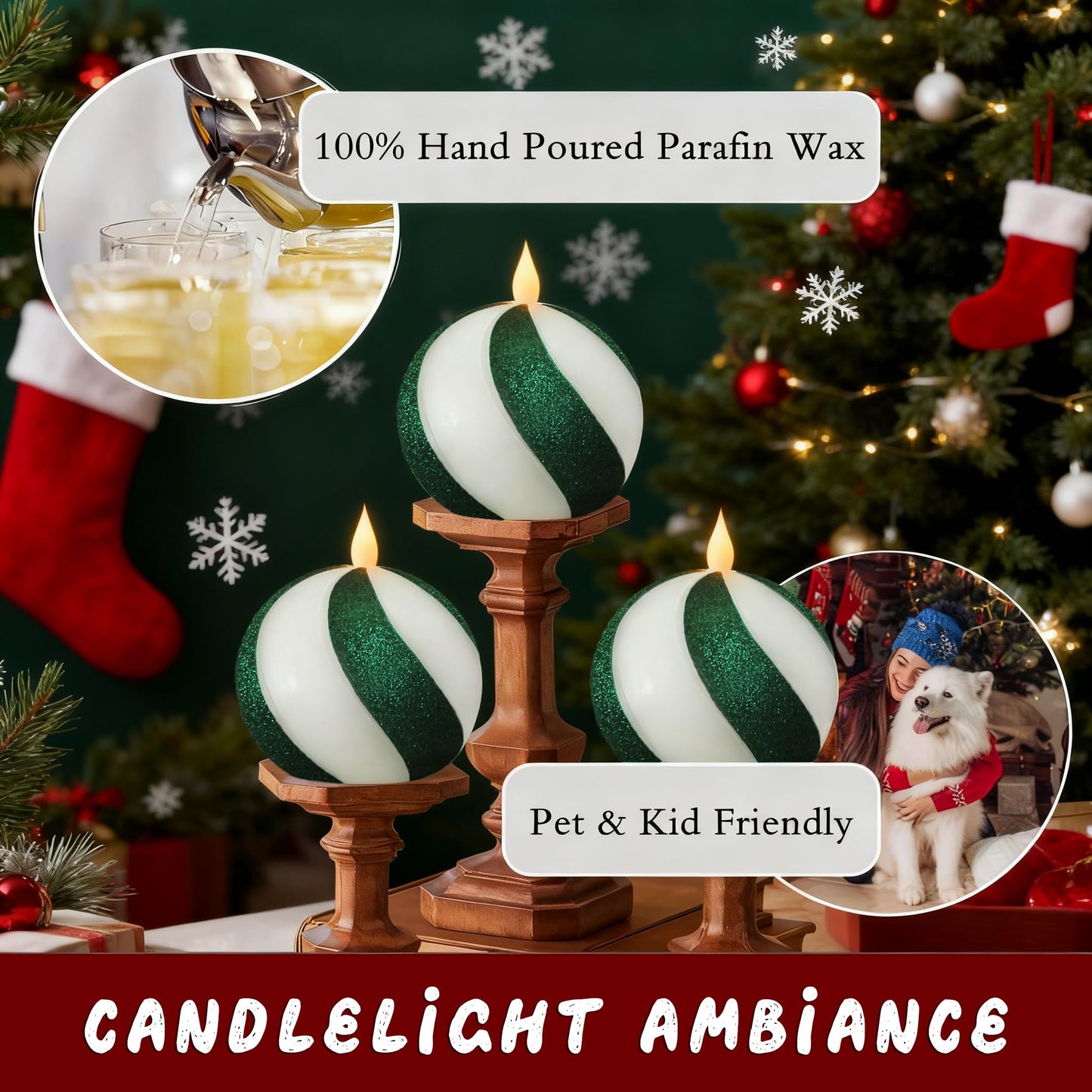 Set of 3 Christmas Sphere Candy-Cane Flameless Candles, Green&White Real Wax Flickering Ball Candles Battery Operated with Remote, Candy Cane Christmas Decorations,Xmas Party Tables Centerpieces Decor