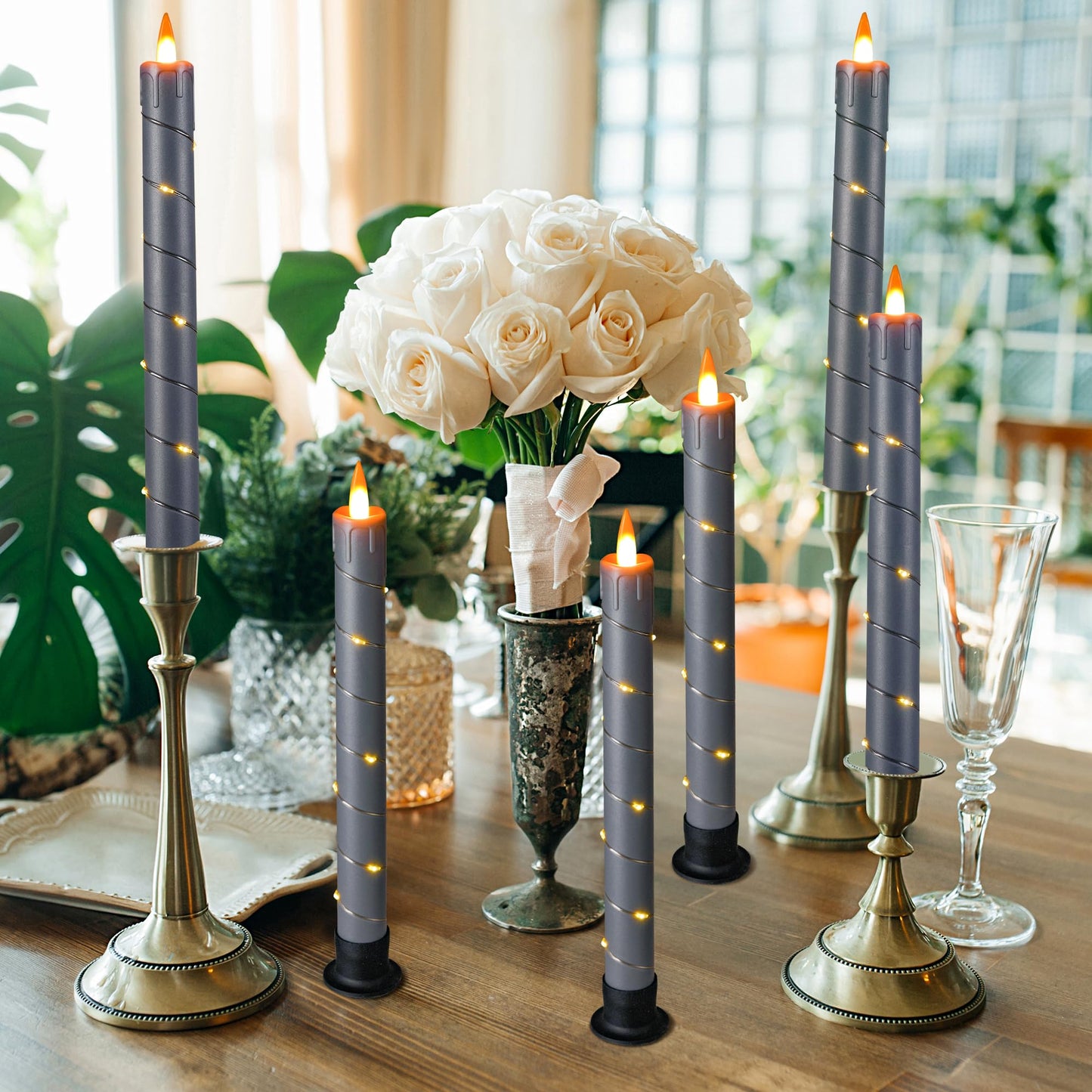 3 Pack Gray Dripping Wax Flameless Candles, Realistic Dynamic Flame LED Taper Candles with Surrounding Fairy String Lights, Remote Control Battery Operated Candles for Home Wedding Holiday Decor