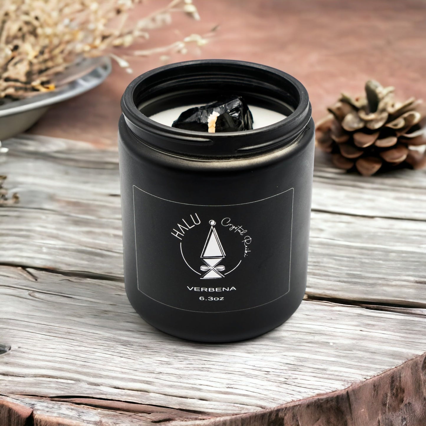 Verbena Scented Candle + Obsidian Crystal | Aromatherapy | Meditation | Reiki Infused | 100% Natural Soy Candles