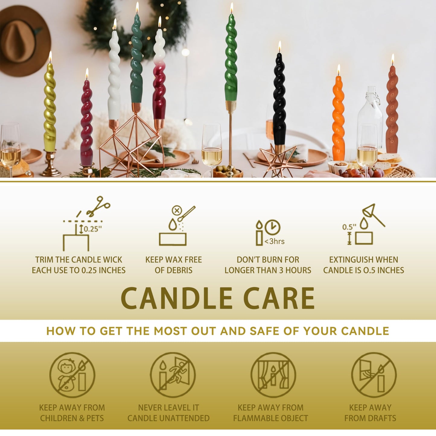 Christmas Spiral Candles Gold Taper Candles -7.5 in Unscented Candlestick for Winter Gift Holiday Christmas Home Decoration Candles, 4 Pack