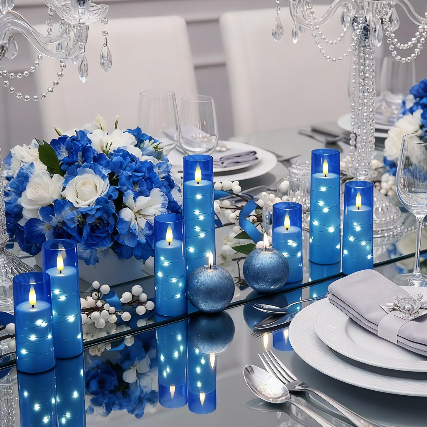 Raycare Independence Day Flameless Candle with Remote Timer – 5 Flickering Acrylic Battery Operated LED Pillar Candles with Embedded Star String for 4th of July Home Patriotic Decor, as a Gift (Blue)