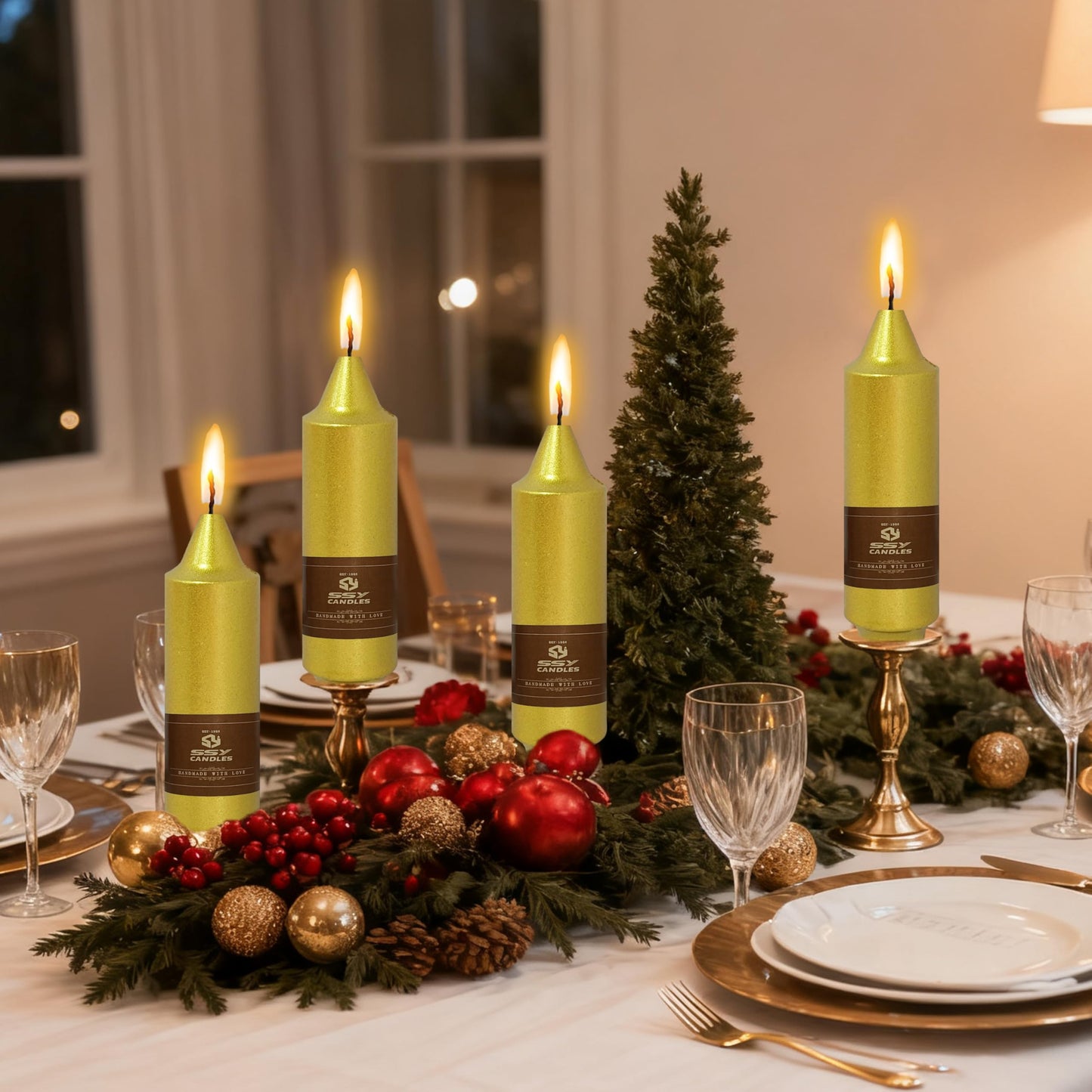 Christmas Metallic Gold Candle 5 Inch Short Smokeless Taper Candles 4 Pack Unscented Dinner Candle for Christmas Dinner