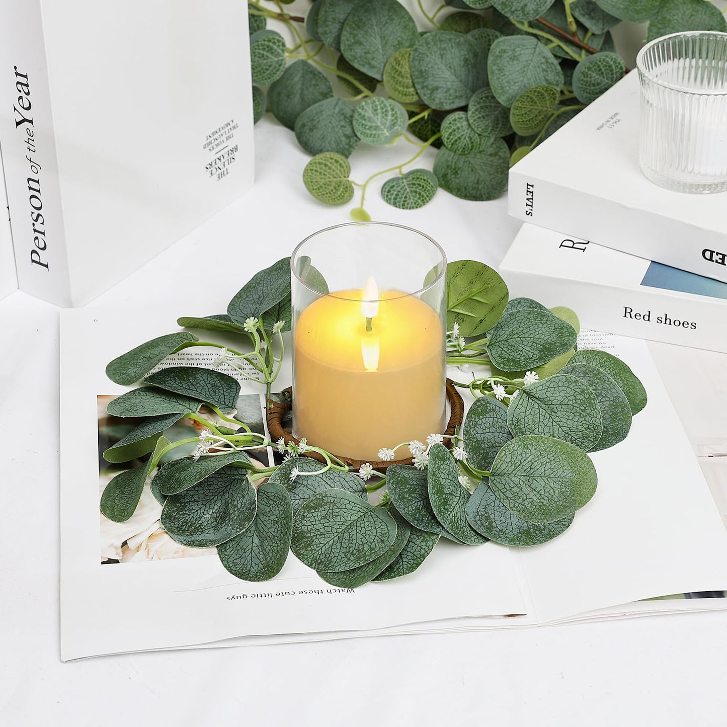 Tobilu 4 Pcs Candle Rings Wreaths with LED Candles - Eucalyptus Candle Rings Greenery Artificial Eucalyptus Leaves Pillar Holder for Wedding Centerpieces Home Table Party Decor