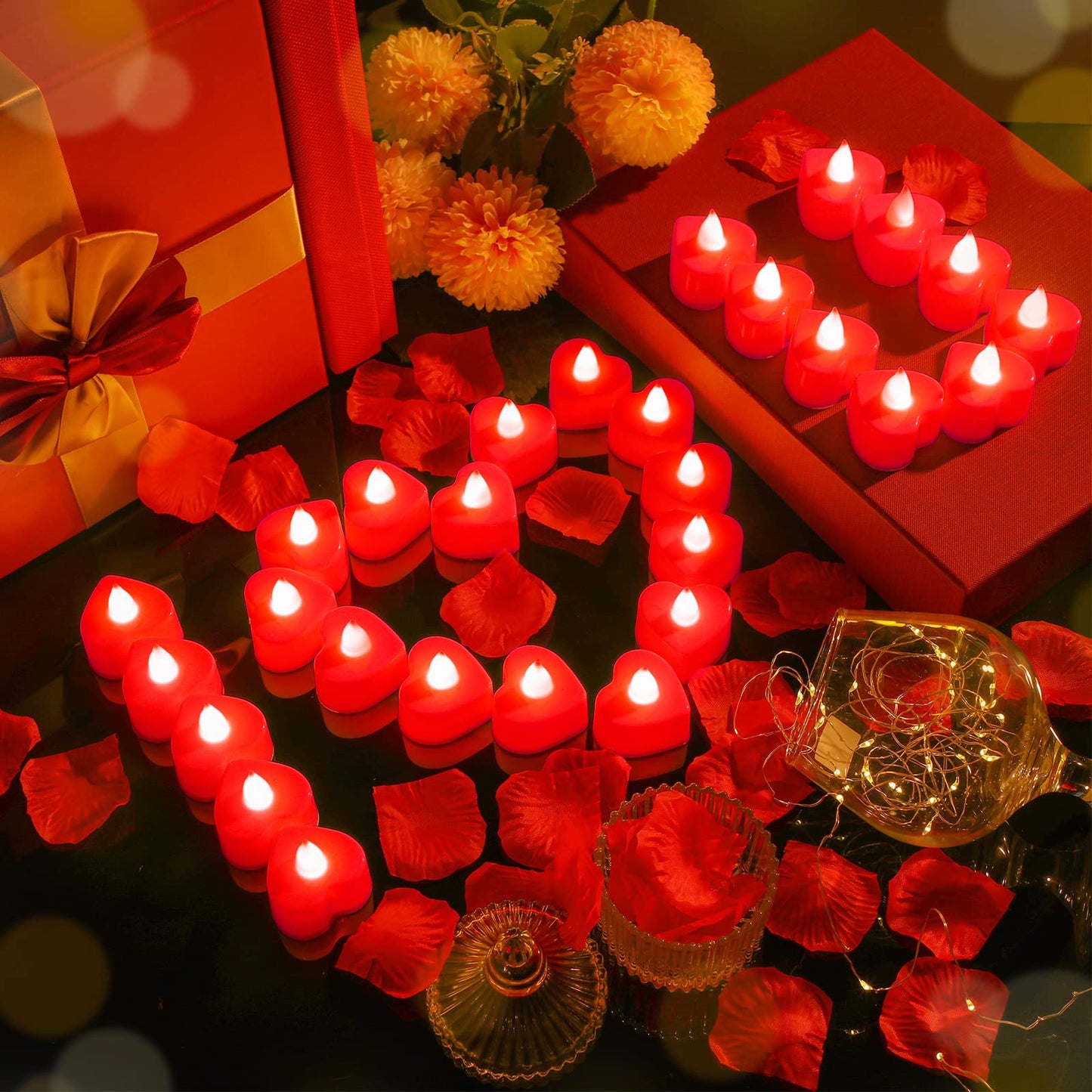 Coume 6000 Pcs Artificial Rose Petals with 120 Pcs Heart LED Tea Lights Candles Kit Rose Petals Candles Set for Romantic Night Anniversary Proposal Wedding Date Hotel(Red Light)