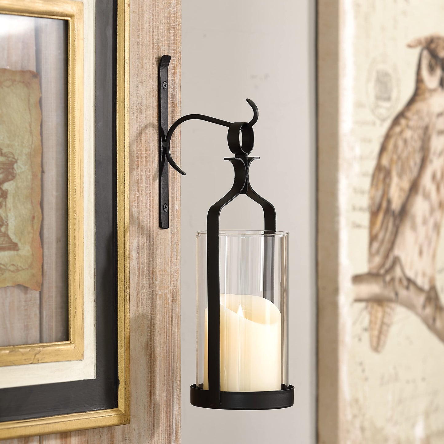 Souliron Hanging Hurricane Glass Wall Sconce Candle Holder Black Metal Wall Decorations HLJ15-291B