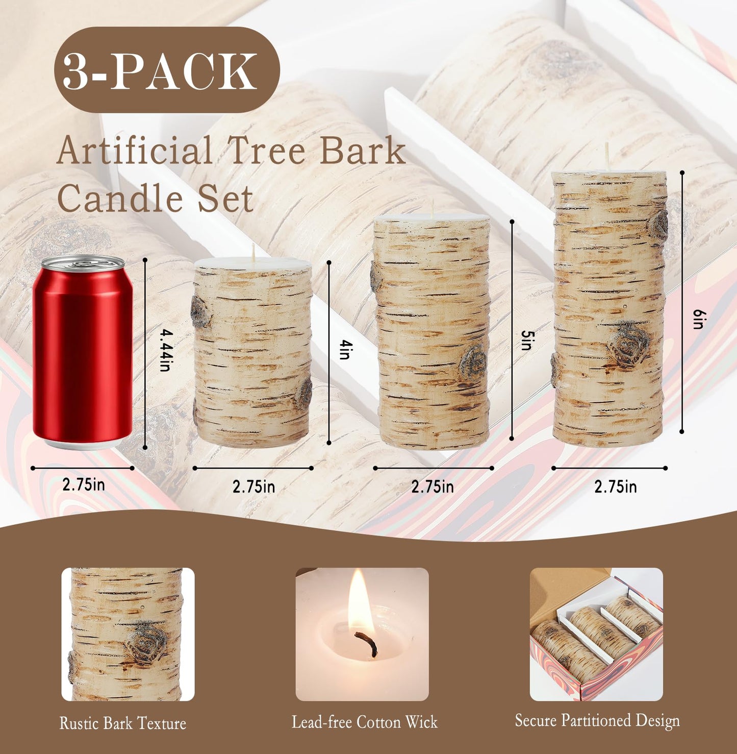 Black Birch Bark Texture Pillar Candles Set - Real Wax 3 Sizes (4", 5", 6" Tall) Rustic Decor Fireplace Candles, Unscented Woodland Style Pillar Candle for Home, Dining Table, Holiday Decor