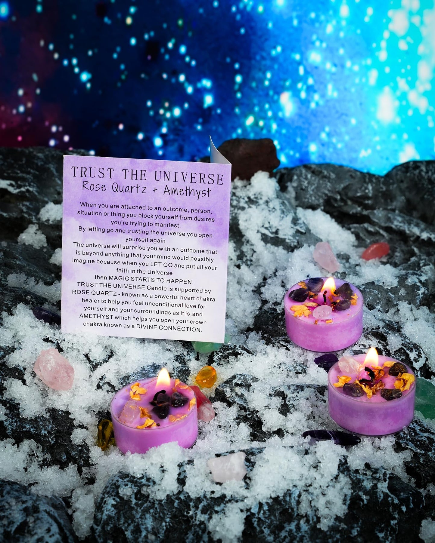 Tealight Soy Candles with Crystals and Herbs, Handmade Energy, Healing Crystal Soy Candles, Aromatherapy Candles. (Purple)