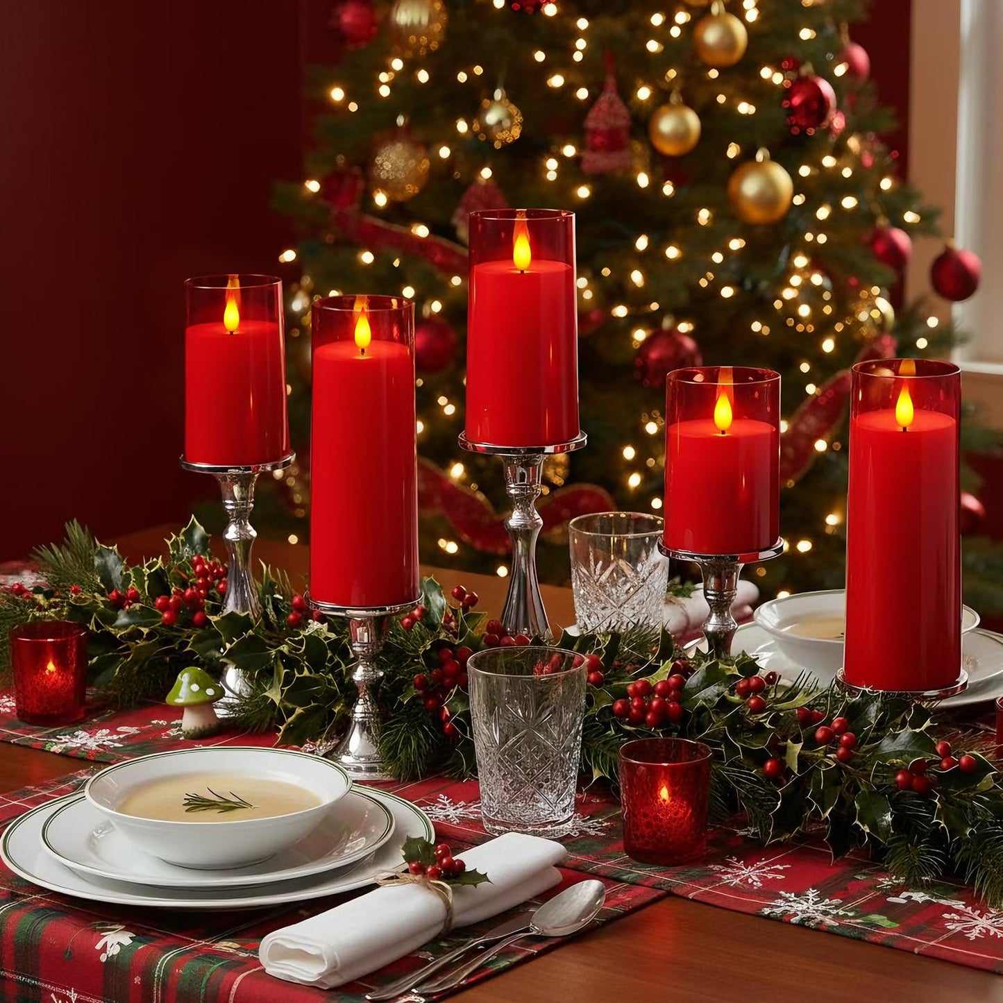 Raycare Independence Day Flameless Candles Battery Operated with Remote Timer, Acrylic Flickering LED Pillar Candle for 4th of July Home Patriotic Decor, Gift for Family and Friend, Red, Set of 5