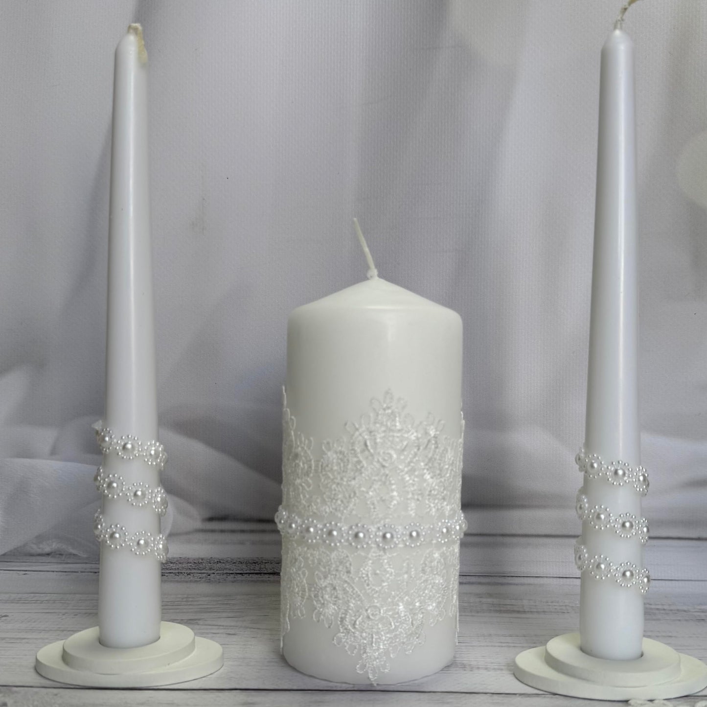 Magik Life Unity Candle Set - Wedding Ceremony & Reception – 6” Pillar & Two 10” Taper Candles – Long Burning Unity Candles for Marriage Ritual – Handmade in USA – White | Lace