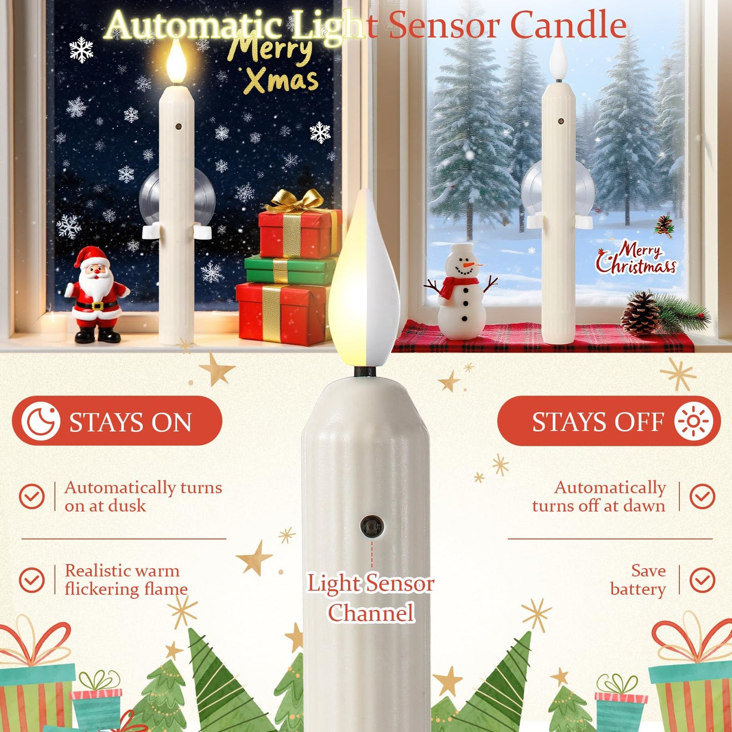Yungyan 24 Sets Window Candles with Sensor Dusk to Dawn Christmas Window Lights with Suction Cups Battery Operated LED Candlesticks Bulk Flameless Taper Candles for Xmas Holiday Decor (Classic Style)