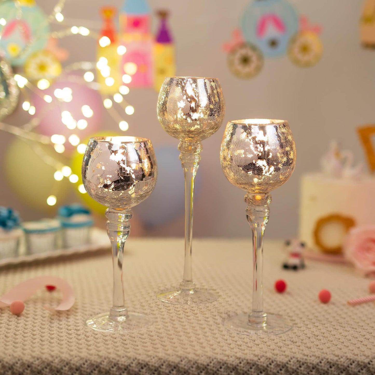 Inweder Glass Tealight Candle Holder: Silver Mercury Votive Holders 9/10/12 Inch Tall Long Setm Floating Candle Holders for Christmas Dining Table Centerpiece Wedding Party Set of 3
