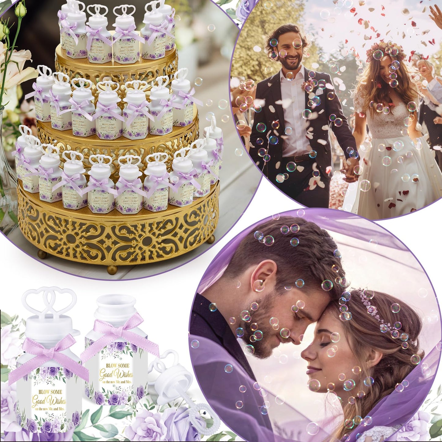 LaRandom 150 Pcs Purple Floral Wedding Bubbles Bulk with Bubble Solution Wedding Mini Bubble Gifts Mini Heart Wand for Anniversary, Engagement, Bridal, Valentine's Day, Gift for Adult Couple