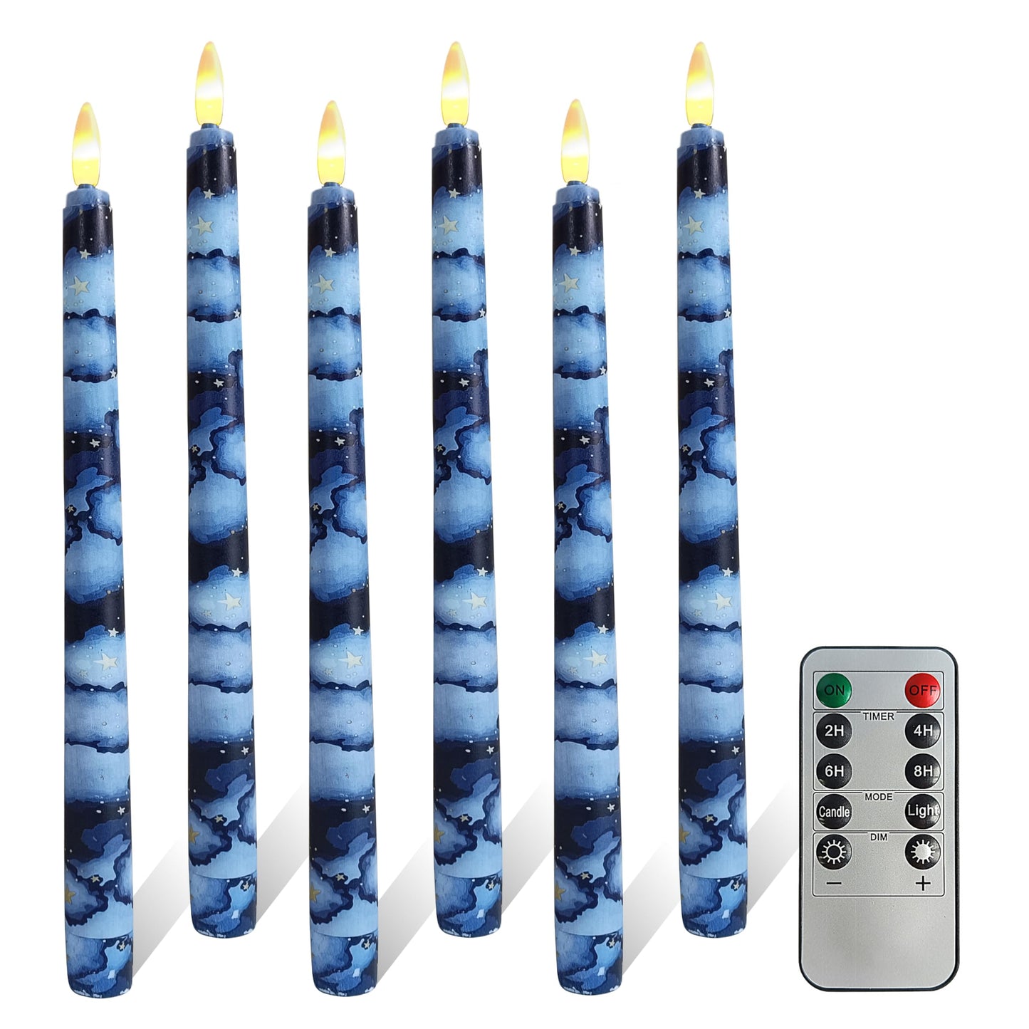FCMSHAMD 6PCS Starry Sky Flameless Taper Candles, 11 Inch LED Candlesticks Battery Operated with 11-Key Remote and Timer, 3D Flickering Flame Lights for Wedding Party Home Decor Gifts