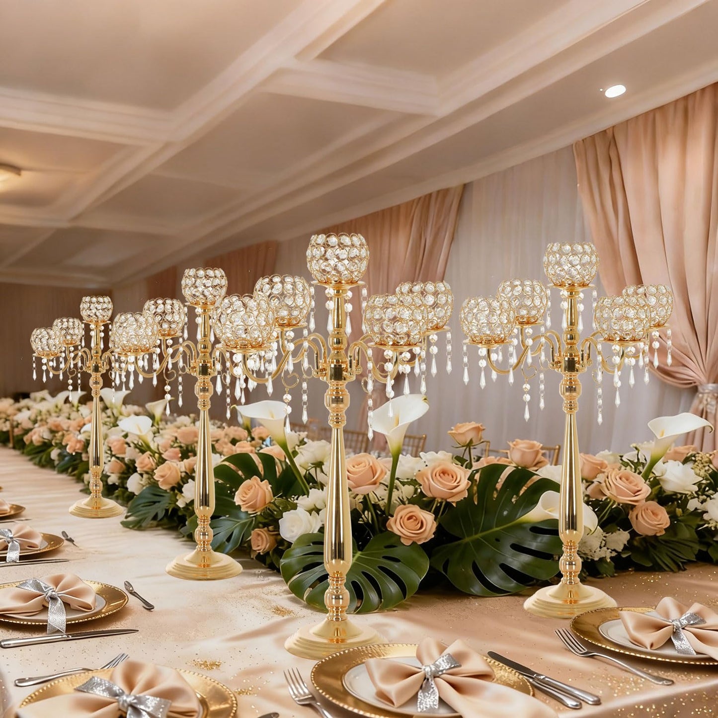 4 Packs 5 Arms Crystal Candelabra for Wedding Centerpiece, Gold Floor Candle Holder Set with Chandelier Crystal Beaded Anniversary Dinner Party Table Decor candelabros de mesa Elegantes Palace Themed