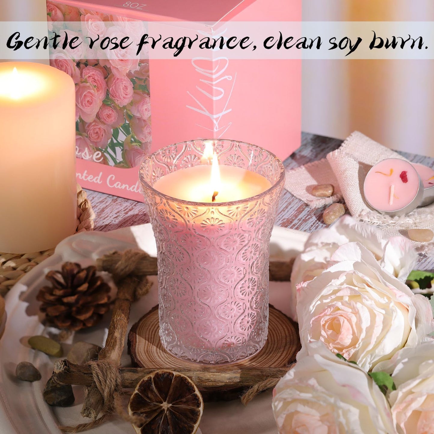 HAVITI Rose Scented Candle, Soy Jar Candles Gift Women,8 OZ Aromatherapy Pink Candles for Galentines Valentines Mother's Day, Bridal Shower, Home Decor