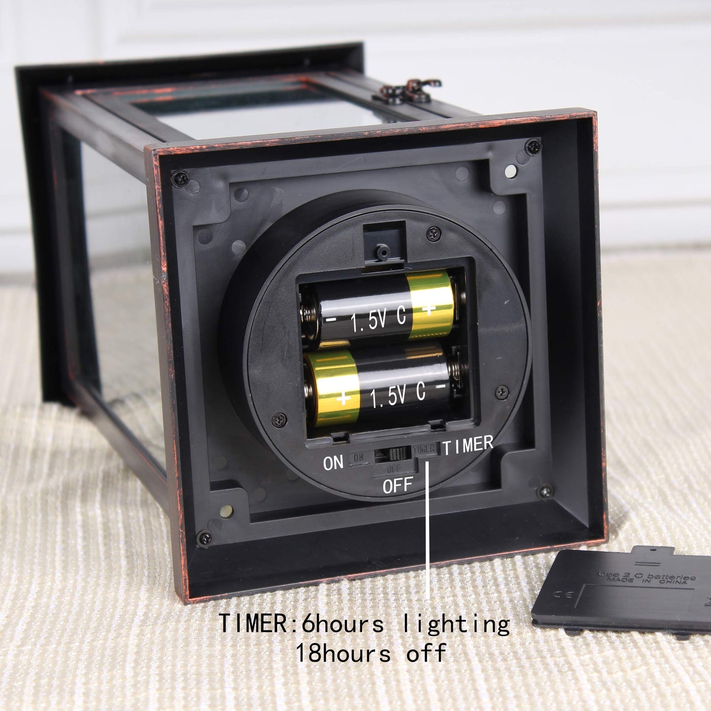 WRalwaysLX 15 inch H The Door-Open Decorative Lantern with flameless LED Candle Light, Outdoor/Indoor LED Lantern, wtith Timer Candle，Plastic with Bronze Undertones.USE 2C Battery(not Include)