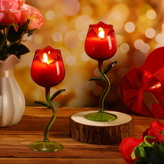 Conelist 2 Pcs Valentine's Day Scented Candle Gift for Women Lavender Scented Rose Flower Wine Glasses Candle Soy Candles Gift for Birthday Mother's Day(Red Rose,Green Color Leaf)