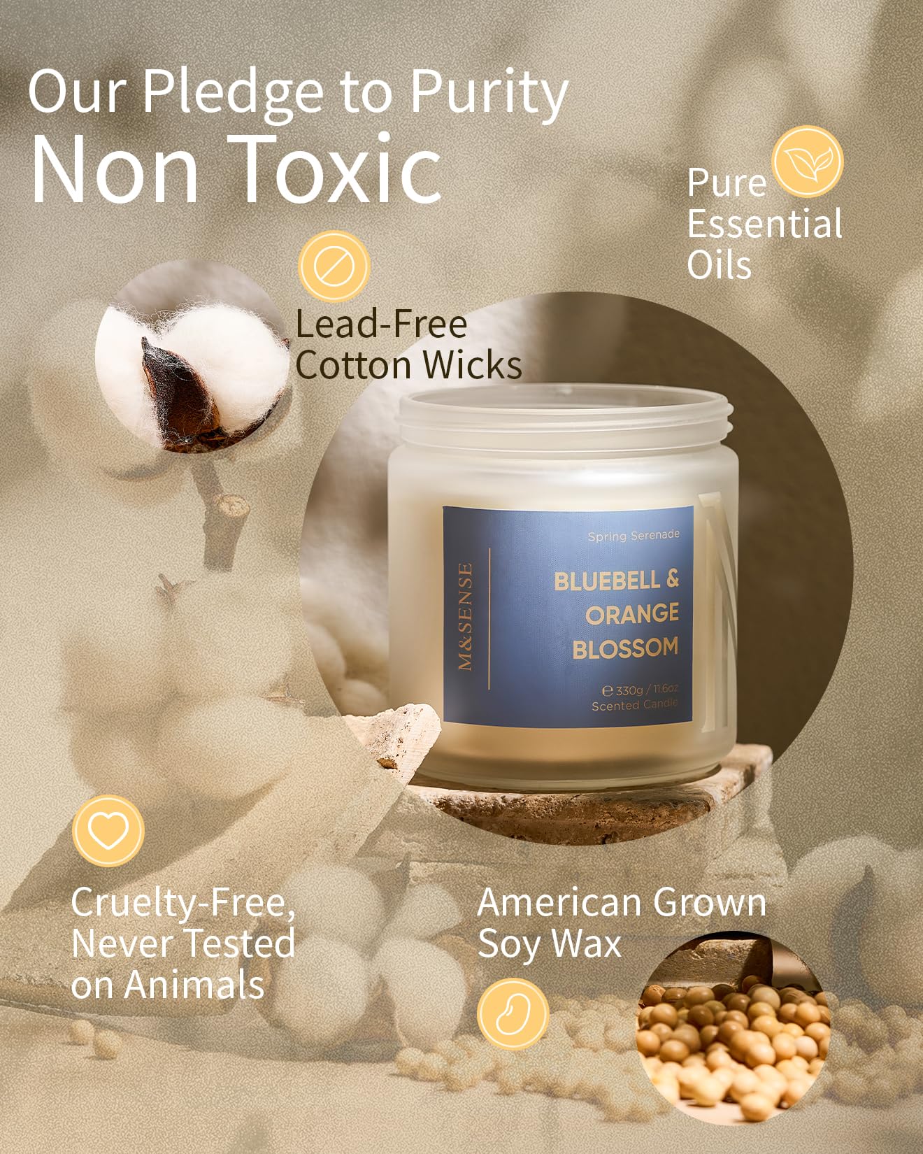M&SENSE Bluebell Orange Blossom Scented Candle | 11.6oz Natural Soy Wax, 70-Hour Burn Time, Non-Toxic 2-Wick Candle for Home Refresh, Spring Decor & Self-Care Gifts