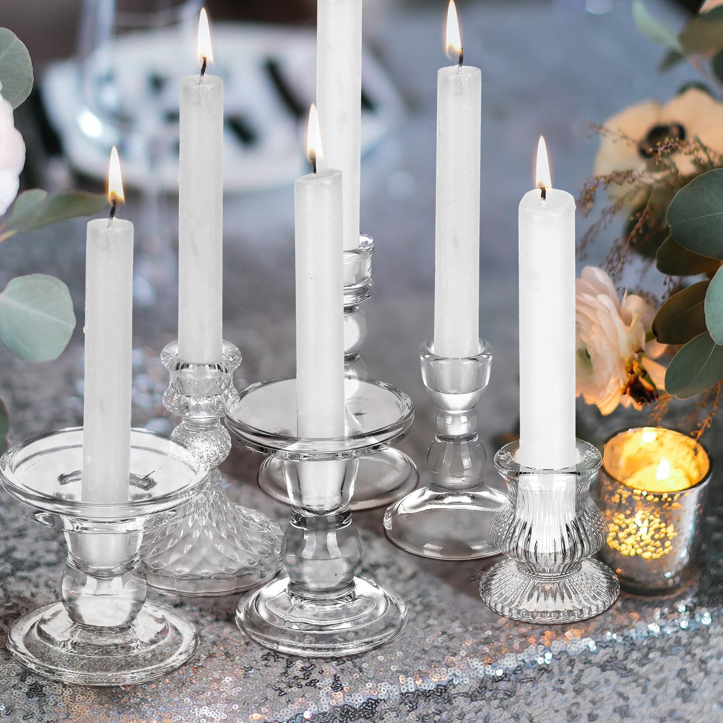 Potchen 8 Pieces Glass Taper Candle Holders Clear Short Stripe Taper Candlestick Holders Bulk Elegant Glass Candle for Table Centerpiece Wedding Christmas Party Decor Festival Home Decoration