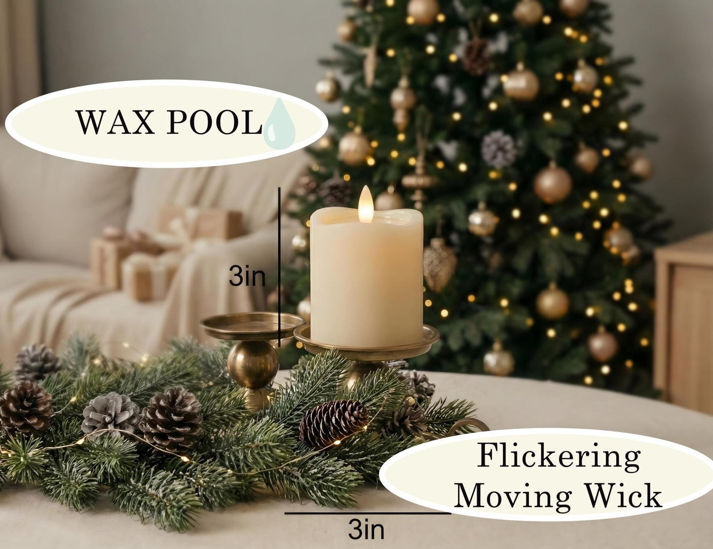 CozierGlow Flameless Pillar Candles Flickering with Remote Timer, Battery Operated LED Candles Up to 400 Hours, 3D Moving Flame Real Wax Candles. (Ivory with Art Water)