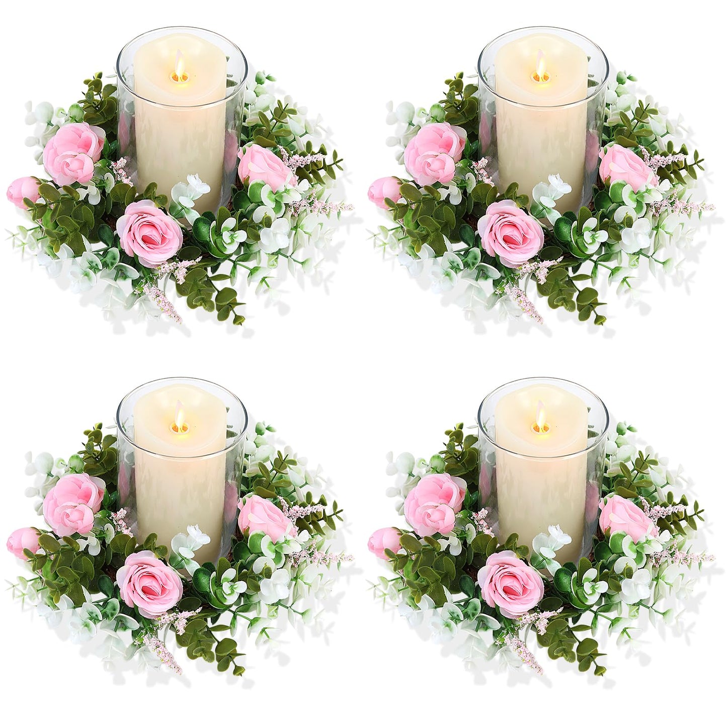 Acmee 4 Pcs Rose Candle Rings - Artificial Pink Floral Wreaths with Eucalyptus Leaves Greenery Garland for Pillar Candleholders Wedding Centerpiece Party Home Table Decor